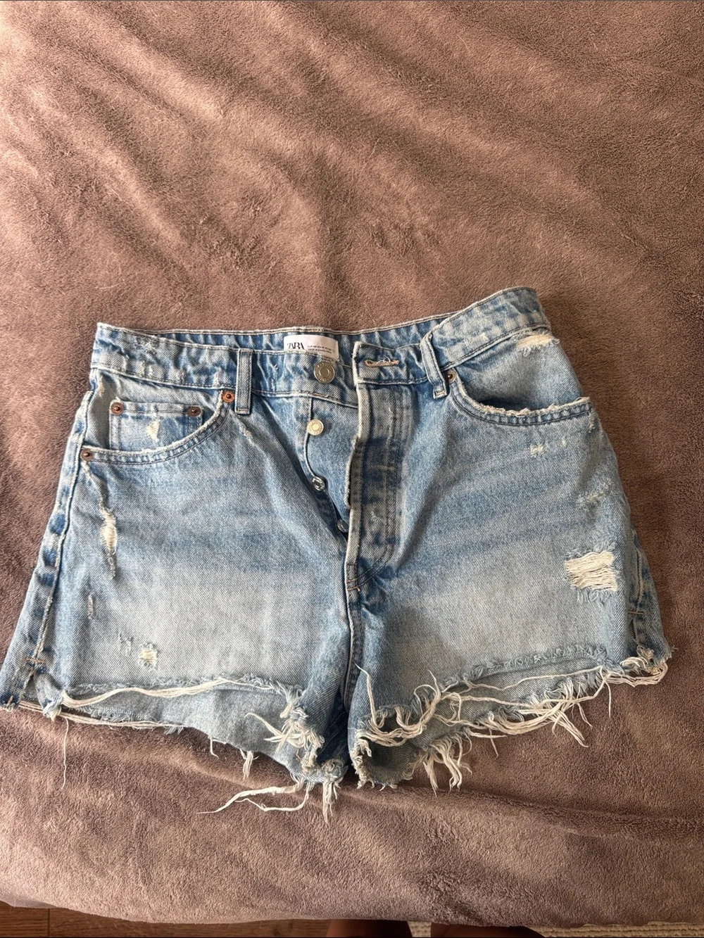 Zara Light Wash Distressed Frayed Denim Shorts